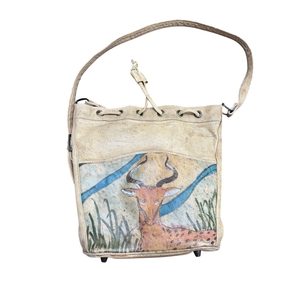 Emily Ann Bucket Bag Vintage Hand Painted Gazelle Tan Leather Drawstring OS